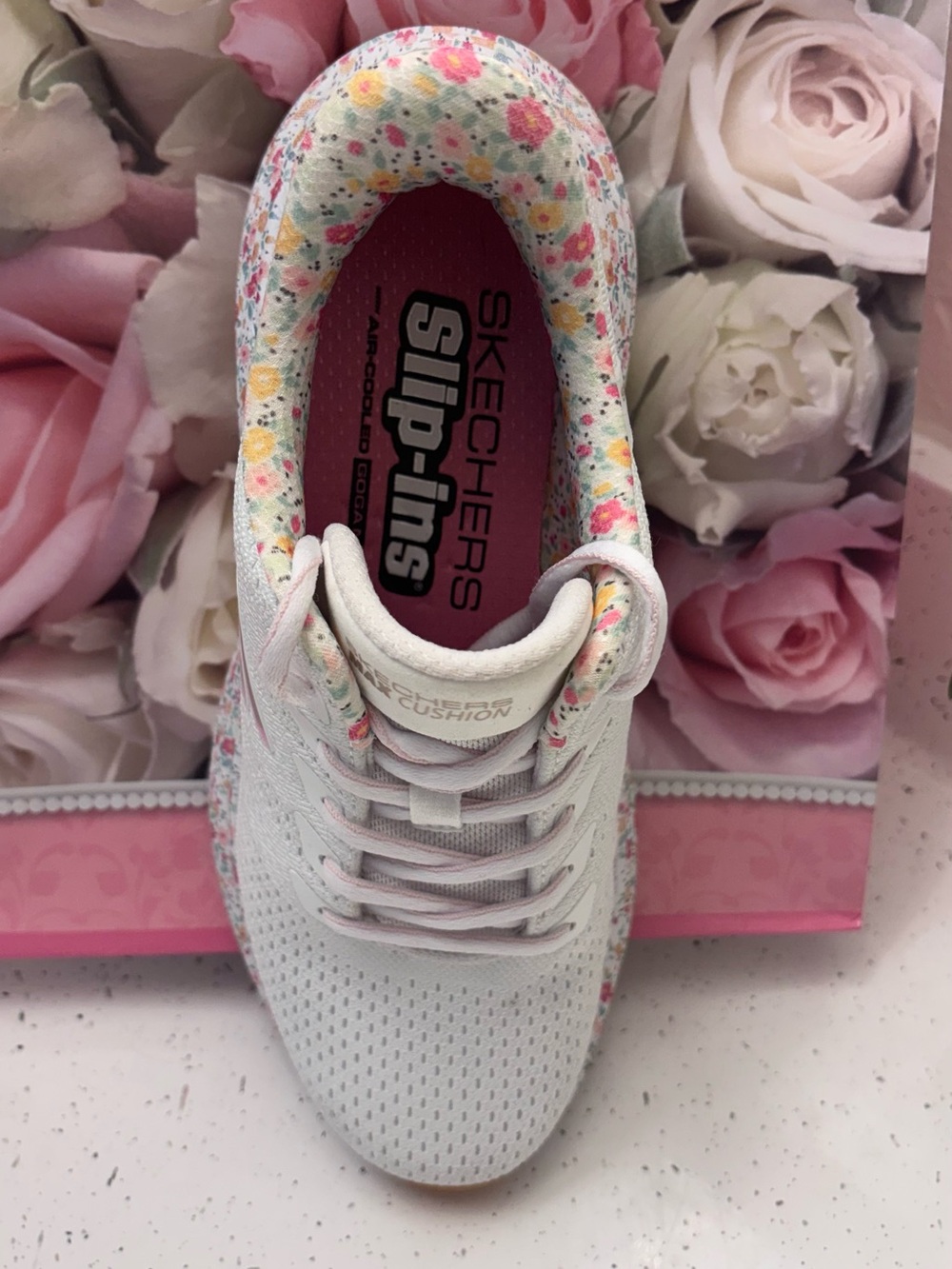 Skechers Women’s White Knit Sneakers with Pink Floral Midsole - Picture 5 of 8